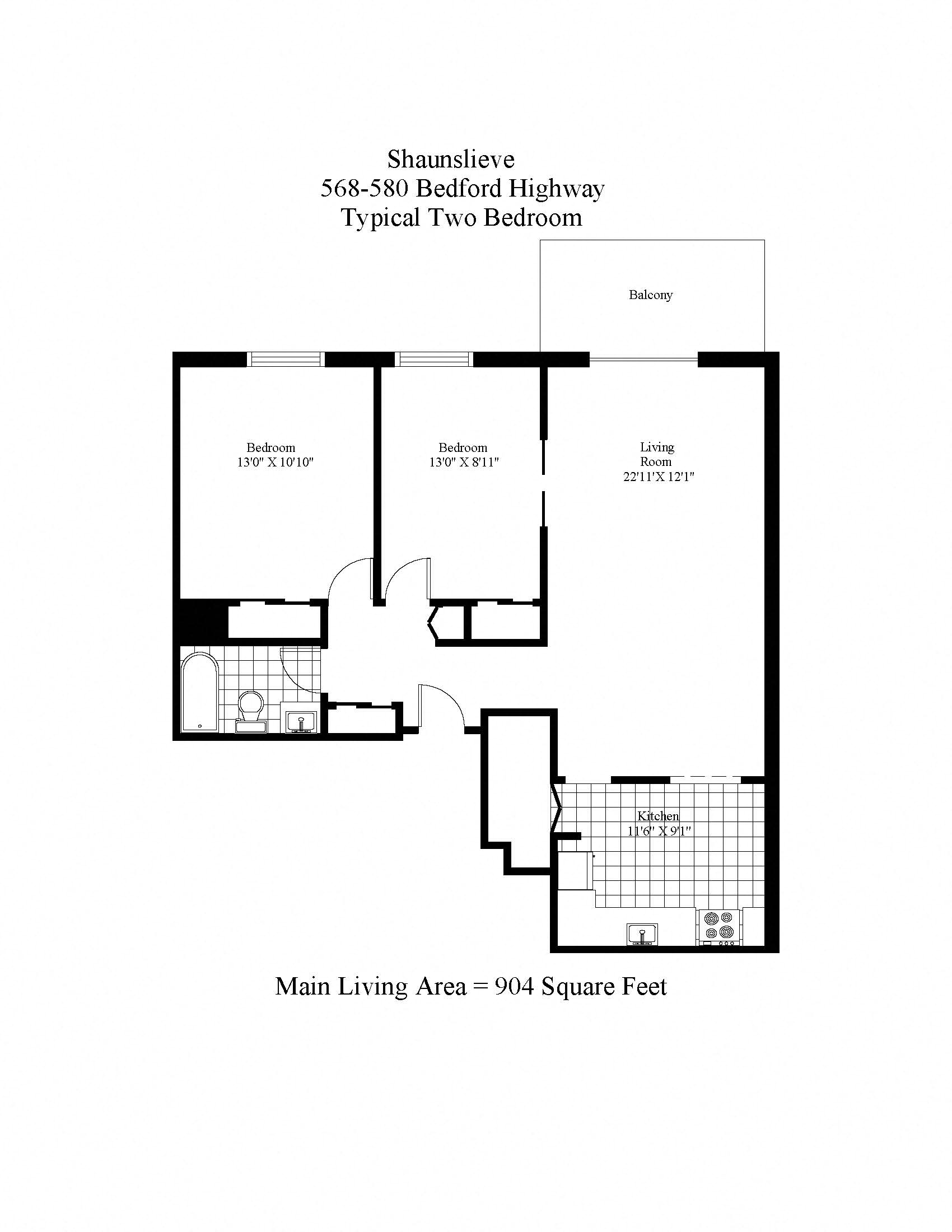 Floor plan for 2 beds, 1 bath, 904 sqft